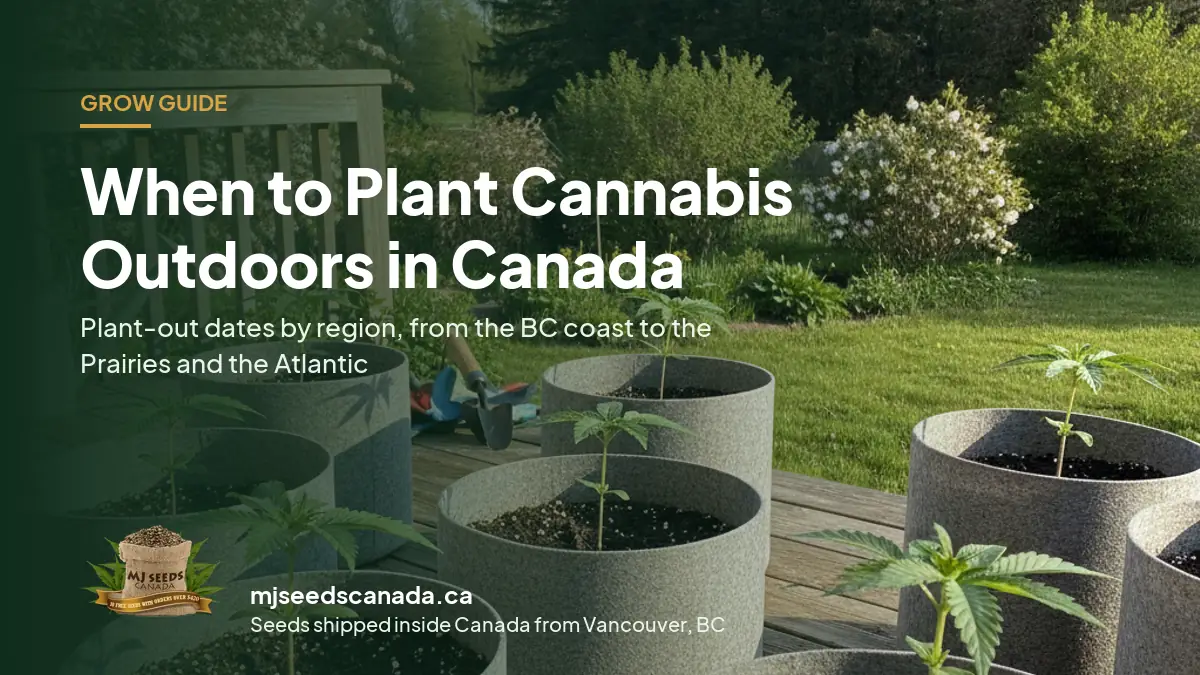 Young cannabis seedlings in fabric pots on a sunny backyard deck in late spring, ready to plant outdoors